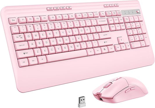 KOPJIPPOM Wireless Keyboard and Mouse Set with Quiet Keys, 2.4G Full Size Ergonomic Keyboard with Wrist Rest, Protective Covers, Soft Touch Silent Design for Windows, Computer, PC and Laptop
