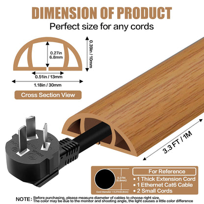 Floor Cord Cover Self Adhesive Cord Hider,3.3FT Cable Management, Extension Strip Protector for Wires, Prevent Cable Trips for Offices, Gyms, Exhibitions Cavity:0.39"(W) x 0.27"(H) Brown Wood