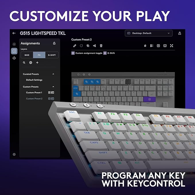 Logitech G515 Lightspeed TKL Low Profile Wireless Gaming Keyboard, LIGHTSYNC RGB, Thin Tenkeyless Design, Double-Shot PBT Keycaps, Linear (Red) Mechanical Switches - White
