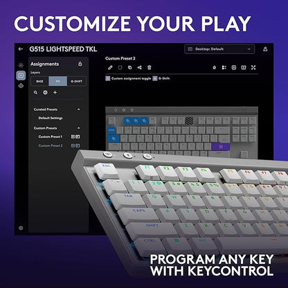 Logitech G515 Lightspeed TKL Low Profile Wireless Gaming Keyboard, LIGHTSYNC RGB, Thin Tenkeyless Design, Double-Shot PBT Keycaps, Linear (Red) Mechanical Switches - White
