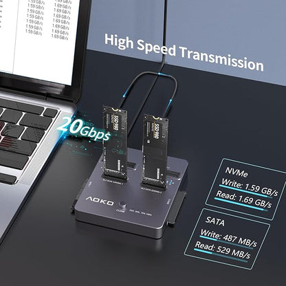 AOKO M.2 NVMe SSD Cloner, Dual-Bay 4-in-1 Hard Drive Duplicator/Reader, Supports M.2 NVMe/NGFF SATA, mSATA & SATA 2.5"/3.5" HDD,Offline Cloning Without PC
