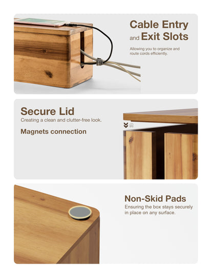 TIDITA 16" L Wooden Cable Management Box Round Edge, Magnetic Lid, Large