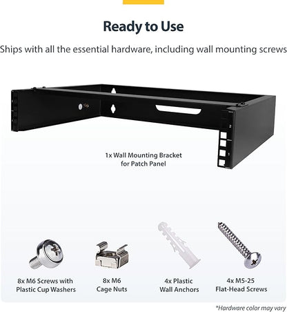 StarTech.com 2U Wall Mount Network Rack - 14 in Deep (Low Profile) - 19" Patch Panel Bracket for Shallow Server, IT Equipment, Network Switches - 77lbs/35kg Weight Capacity, Black (RACK-2U-14-BRACKET)