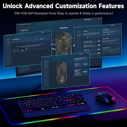 VGN F1 Pro Max Wireless Gaming Mouse - 55g Ultralight - 26000 Adjustable DPI - 1000Hz Polling Rate - 200h Battery - Wireless & Wired Mode - 6 Programmable Buttons - Professional Grade - USB-C - Black