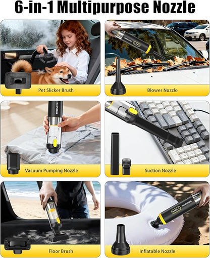 SEEDUSTRY Handheld Vacuum Cleaner Cordless, Mini Car Vacuum/Portable Pet Grooming Vacuum Cleaner, 3 Suction Modes-Up to 18000pa, 6 Blow & Suck & Deflate & Inflate Nozzles for Car, Pet, Office, Home