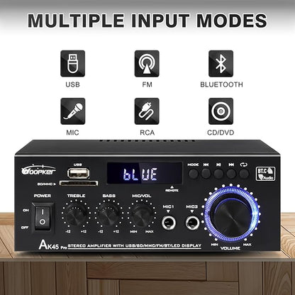 AK45Pro Stereo Receivers Amplifier Home Audio with Bluetooth 5.3, 400W,2.0 Channel Power Stereo Amplifier with USB,SD,RCA,FM,2MIC in for Home Theater Speakers,Home Amplifier with Remote Control