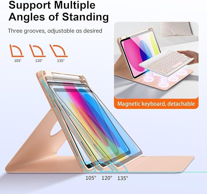 for iPad 11th 10th Generation Case with Keyboard, Magnetic 720° Rotatable Cover Detachable Wireless Bluetooth Backlit Keyboard with Pencil Holder for iPad 11 inch A16 2025 & 10.9 inch 2022 -Pink