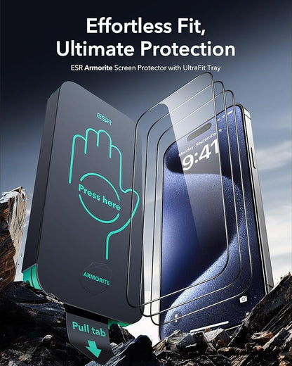 ESR 3 Pack 9H+ Glass for iPhone 15 Pro Max Screen Protector, [Military Grade Shatterproof & Longest Durable] Armorite Ultra-tough Full Coverage Tempered Glass with UltraFit Tray