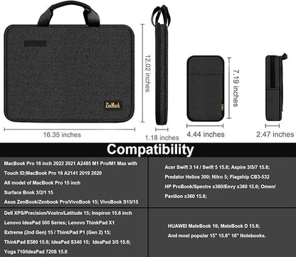 Laptop Case 15.6 Inch Briefcase Military-Grade Protection with Detachable Belt Bag, Compatible All Model of 15-16 Inch MacBook Pro and Most Popular 15.6 Inch Notebooks Chromebooks (Black)