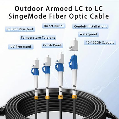 15M/49FT Outdoor Armored LC to LC Fiber Optic Cable, 4 Core OS2 Single Mode 9/125μm, Industrial TPU Jacket, OD 5mm, 4 Strands, SMF, Direct Burial, Heavy-Duty LC-LC Patch Cord for Harsh Environments