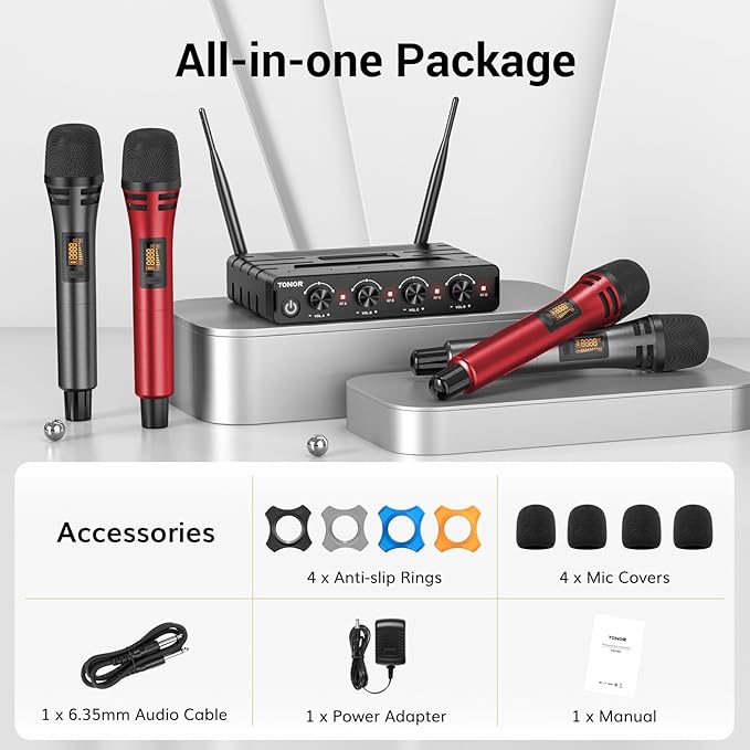 TONOR Wireless Microphones System with 4x10 Channels Cordless Handheld Microfono Inalambrico, UHF Mics with Stable Signal Transmission for Karaoke Singing Party Church Wedding PA Speaker 200ft Red