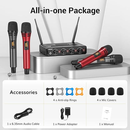 TONOR Wireless Microphones System with 4x10 Channels Cordless Handheld Microfono Inalambrico, UHF Mics with Stable Signal Transmission for Karaoke Singing Party Church Wedding PA Speaker 200ft Red