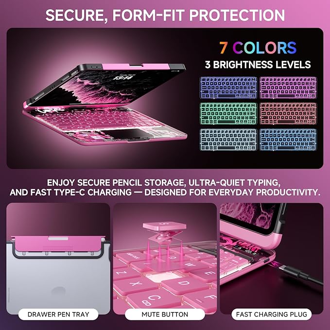 Transparent Case with Keyboard for iPad 11th Gen 11 Inch.(A16, 2025) & 2022 iPad 10th Gen 10.9 Inch,7-Color Backlit,Wireless Keyboard, 360°Rotating,with trackpad,Pencil Holder,with Shortcuts,pink