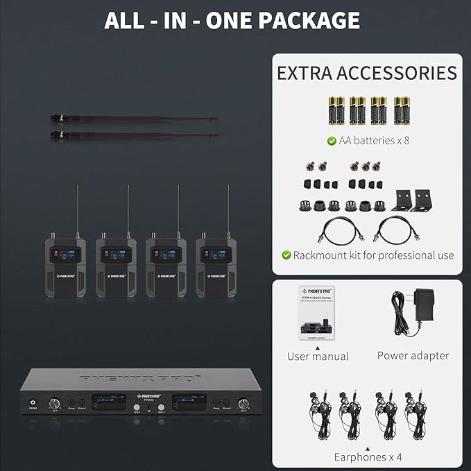 Phenyx Pro in Ear Monitor for Musicians, UHF Wireless in-Ear Monitors System, Mono 2-Channel IEM, Metal Stage Monitor w/ 2x50 Frequencies, 164ft Long Coverage, Rack Mount Kit (PTM-22, 4 Bodypacks)