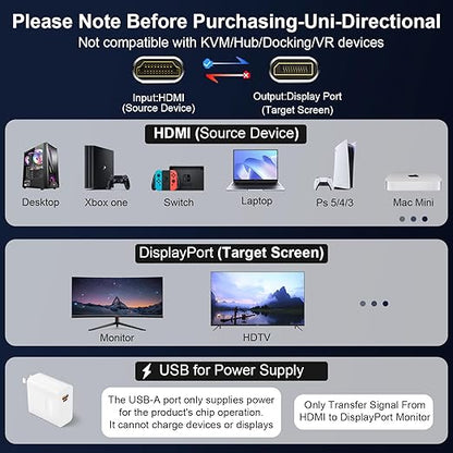 Active HDMI to DisplayPort Cable 10FT, 4K 60Hz 1080p 120Hz, Unidirectional HDMI Source to DP Monitor Display Port Cable Compatible for PC, Laptop, Computer, NVIDIA, AMD, PS5/4, Xbox