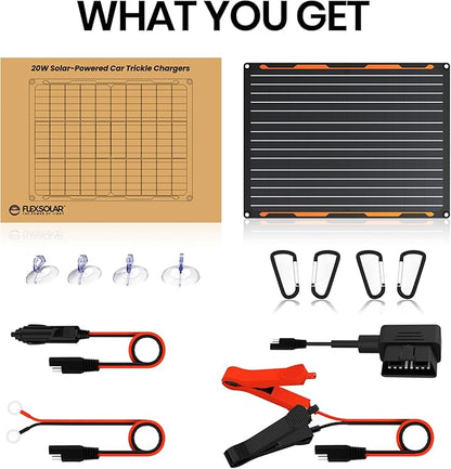 FlexSolar 20W 12V Solar Panel Battery Charger Maintainer Kits Trickle Charger with Built-in Charge Controller, Cig Plug, Alligator Clips, O-Rings OBDII Connector for Car, Truck,Tractor, Boat
