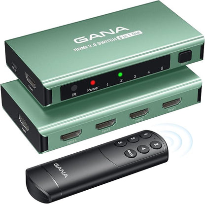 HDMI Switch 5 in 1 Out 4K@60Hz, GANA HDMI Splitter Switcher with Remote, Aluminum HDMI 2.0 Switch Box Hub for 3D, HDCP2.2, HDR, Compatible with Xbox, PS5/4/3,Fire Stick,Roku,Blu-Ray Player, Mint Green