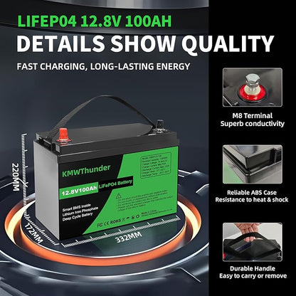 12V 100Ah LiFePO4 Lithium Battery, Built-in Smart BMS, Low Temperature Protection Group Deep Cycle Battery for Trolling Motor, RV, Solar, Marine, Camping and Off Grid Applications