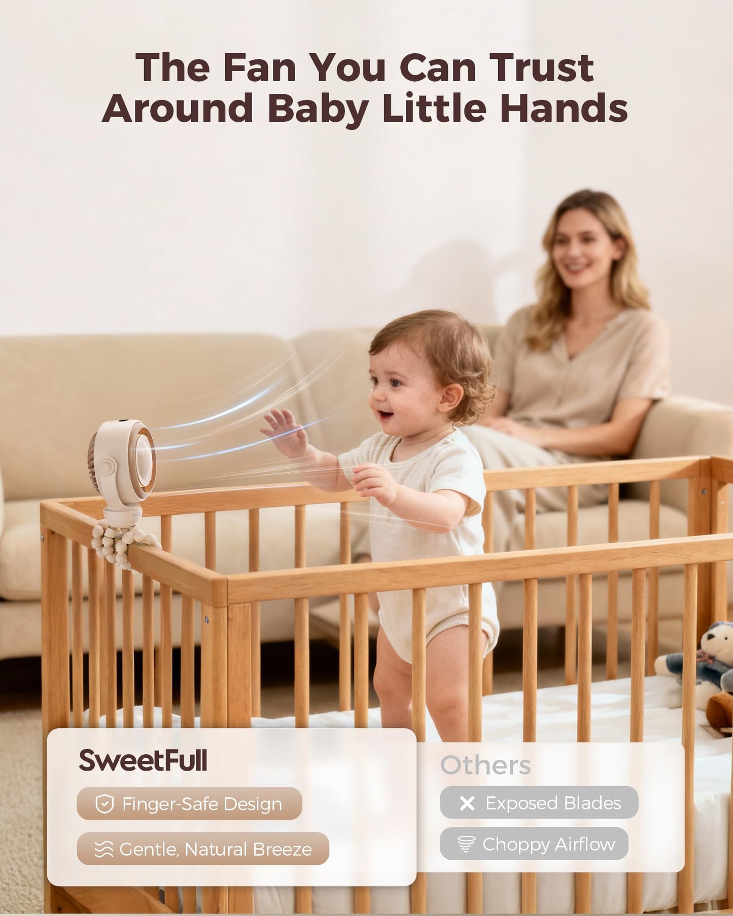 SWEETFULL Baby Stroller Fan, Safe Portable Fan, 15H Use, Nightlight - Brown