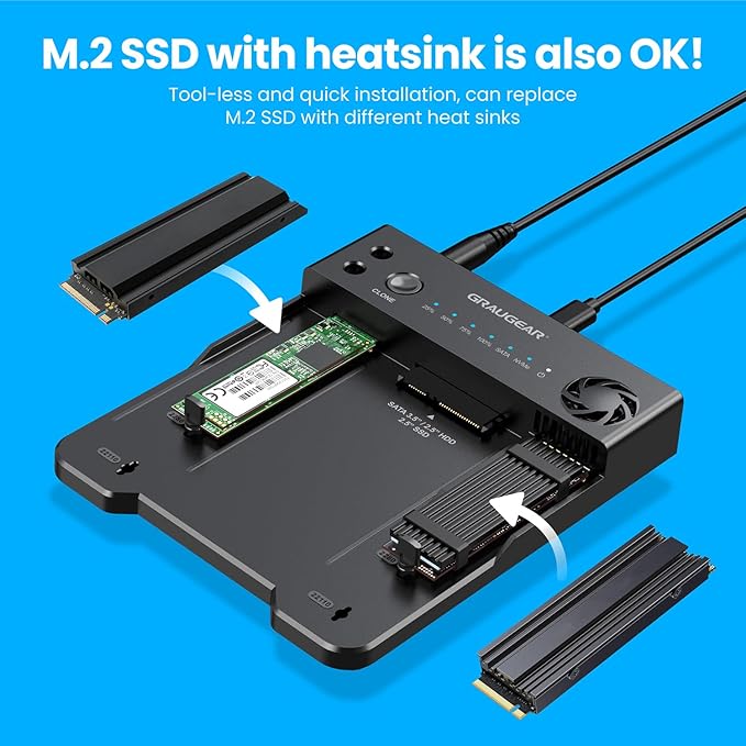 GRAUGEAR SATA SSD/HDD to M.2 NVMe Docking Station, USB-C 10Gbps Clone Station for M.2 NVMe SSD to SATA 2.5”/3.5” SSD & HDD Converter, Offline Cloning, Tool-Free, Built-in Cooling Fan