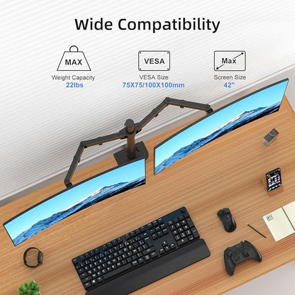 Suptek Dual Monitor Arm Desk Mount,Ultrawide Dual Monitor Arm for 2 Monitor Screens up to 42 inches and Max 22lbs Each,Extra Tall 15.75" Pole Fully Adjustable Monitor Stand for Desk,Black(MD9442LB)