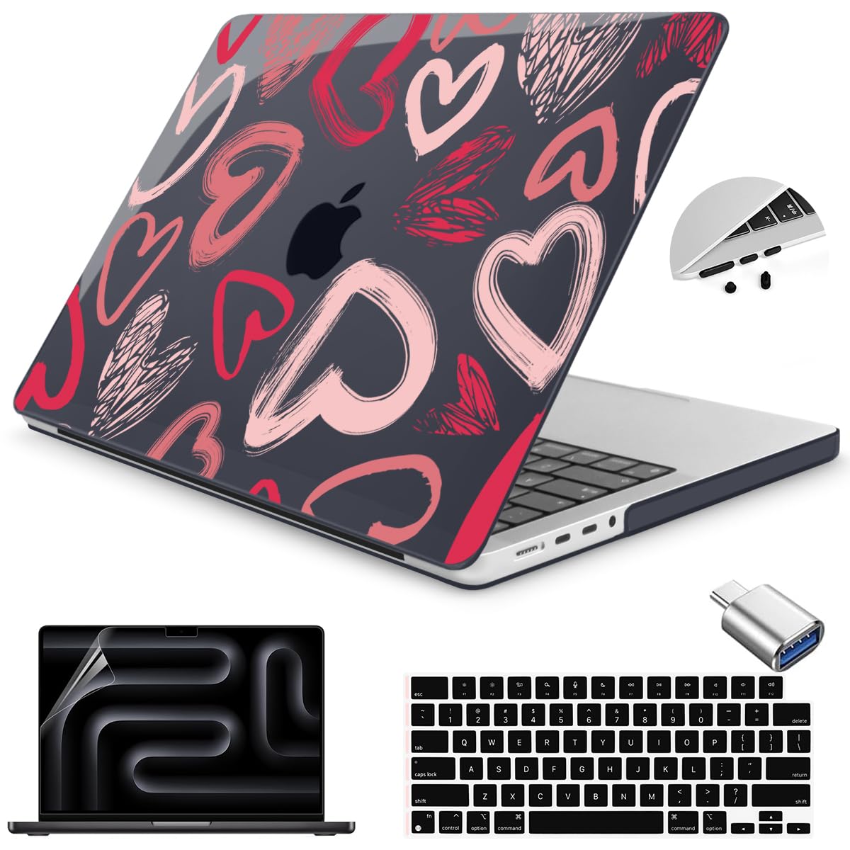 Teryeefi Design Case for M5 MacBook Pro 14 inch 2025 2024 2023 2021 Release M4 A3112 A3401 A3185 M3 A2918 A2992 M2 A2779 M1 A2442, Hard Shell Cover + Keyboard Cover for 14 inch MacBook Pro, Heart A002