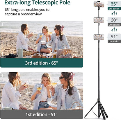 ATUMTEK 65" Selfie Stick Tripod, All in One Extendable Phone Tripod Stand with Bluetooth Remote 360° Rotation for iPhone and Android Phone Selfies, Video Recording, Vlogging, Live Streaming, Black