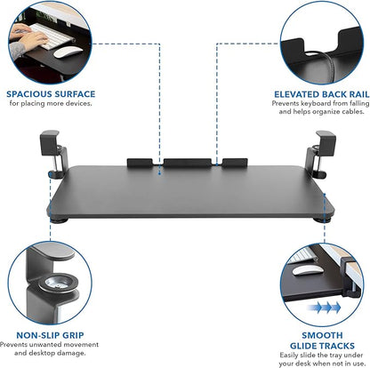Mount-It! Under-Desk Keyboard Tray, Slide-Out Clamp-On Keyboard and Mouse Drawer, 26.4" W x 11.8" D Ergonomic Retractable Platform for Typing, No-Drill Installation, Black