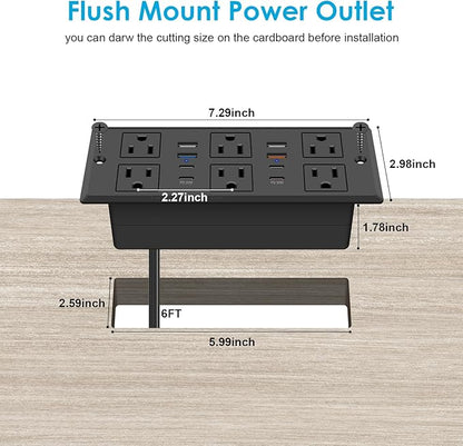 Recessed Power Strip with PD 30W Fast Charging, Conference Desk Flush Mount Outlets Plug in 6 Outlets & 8 USB Ports,3FT Cord Furniture Drawer Outlet Black