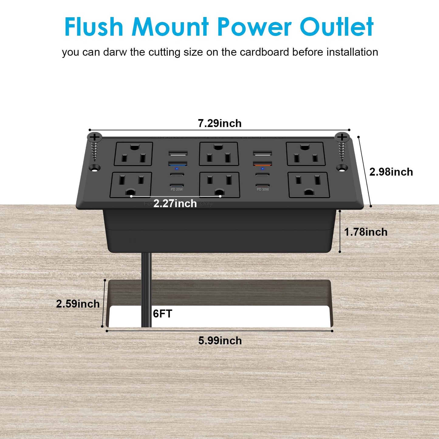 Recessed Power Strip with PD 30W Fast Charging, Conference Desk Flush Mount Outlets Plug in 6 Outlets & 8 USB Ports,3FT Cord Furniture Drawer Outlet Black