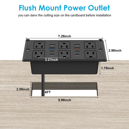 Recessed Power Strip with PD 30W Fast Charging, Conference Desk Flush Mount Outlets Plug in 6 Outlets & 8 USB Ports,3FT Cord Furniture Drawer Outlet Black