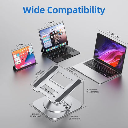 Adjustable Laptop Stand for Desk, Ergonomic Riser with 360° Rotating Base, Foldable Notebook Computer Holder Compatible MacBook Air Pro, Dell XPS, More 10-17" Laptops, Silver