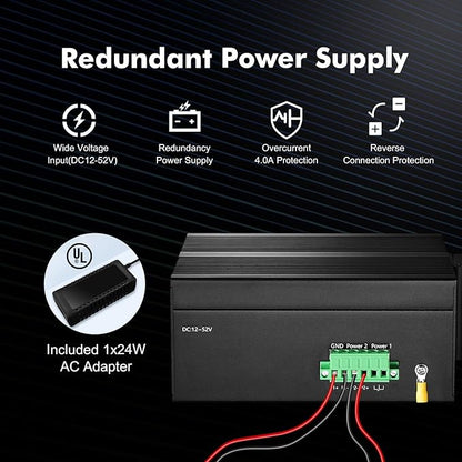 MokerLink 16 Port Gigabit Industrial DIN-Rail Ethernet Switch, 2 Gigabit SFP Ports, Unmanaged IP40 Network Switch (-40 to 185°F), with Power Supply