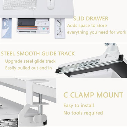ETHU Keyboard Tray Under Desk, Ergonomic Corner Keyboard Tray with 180° Adjustable C Clamp for L Shape Desk 26.77" X 12.2" Easy to Install, Computer Keyboard Stand for Home and Office (White)