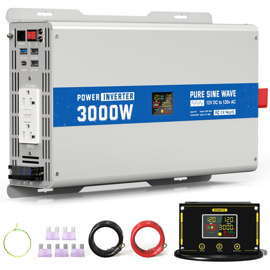 ASMONTRIC 3000W Pure Sine Wave Power Inverter 12V DC to 120V AC Converter 6000 Watt Peak Power Multi-Display Screen with 2 GFCI Outlet 30W USB and 18W Type-C for Car RV Truck Boat Off-Grid, Gray Blue