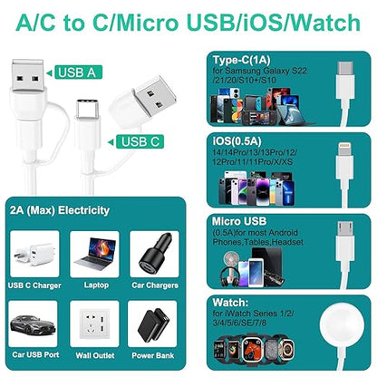 Multi Charging Cable 4 in 2 for Apple Watch Charger i-Phone, Travel 4 in 2 Watch & Phone Charger with iOSPorts/Type C/Micro USB Port Compatible with iWatch/iPhone 16 15/Galaxy Android-6FT