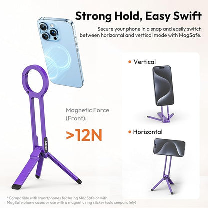 ULANZI MA30 Magnetic Phone Tripod Stand for iPhone - Aluminium Maglock Smartphone Mini Tripod Pocket Cell Phone Stand Strong Magnet Quick Mount Compatible with iPhone 16 15 14 13 12 Series, Purple