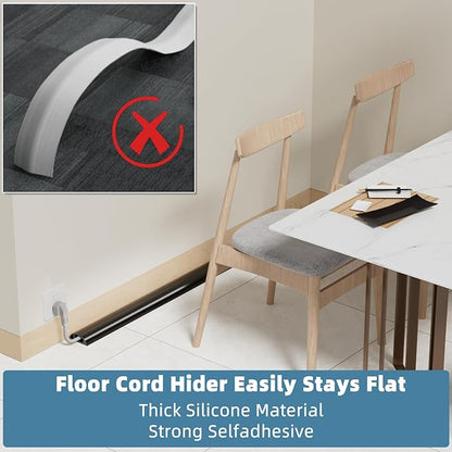 6ft Side Buckle Floor Cord Cover for Wires, Selfadhesive Extension Cord Hider Easy Floor Cable Management Prevent Cable Trips,Silicone Floor Wire Covers for Cords, Cable Protector Cord Cavity（Black）