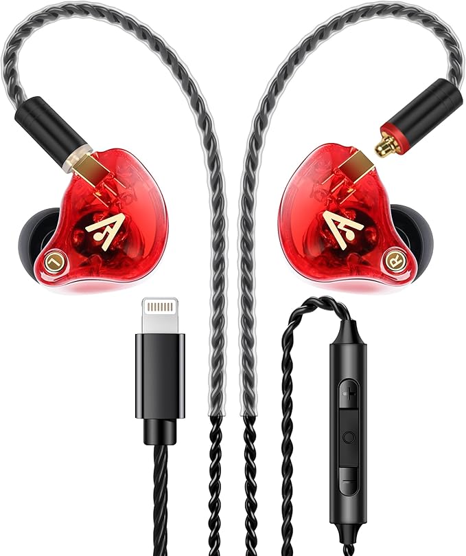 Vibes 202ML Wired Earbuds - HiFi in Ear Headphones - Noise-Isolating Ear Buds w/ Mic - Clear Sound, Deep Bass, Comfort-Fit Earphones - MMCX–Lightning for iPhone 5–14, Silver Plated Cord, Carrying Case