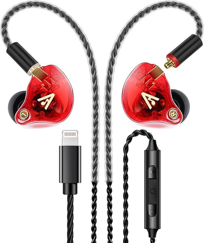 Vibes 202ML Wired Earbuds - HiFi in Ear Headphones - Noise-Isolating Ear Buds w/ Mic - Clear Sound, Deep Bass, Comfort-Fit Earphones - MMCX–Lightning for iPhone 5–14, Silver Plated Cord, Carrying Case