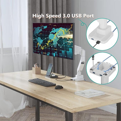 WALI Ultrawide Monitor Arm for 13 to 49 Inch Heavy Duty Curved Screens, Adjustable Gas Spring Single Monitor Desk Mount with 2 USB 3.0 Ports, Holds 33 lbs, 75x75/100x100 VESA, White (GSMU001-W)