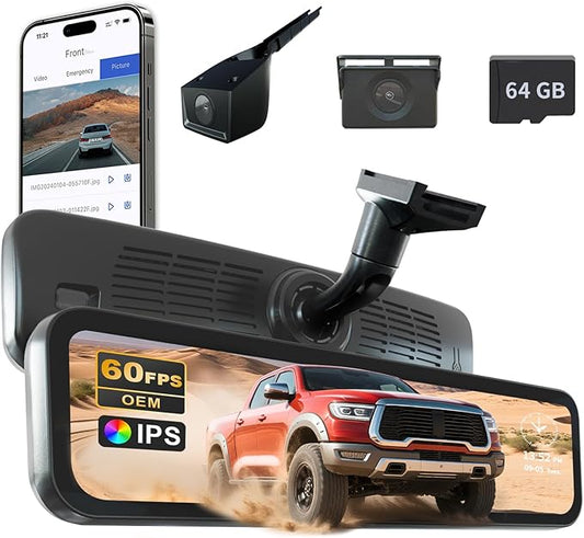 Sinjet 60FPS 9.2" OEM Rear View Mirror Camera, 2K Dash Cam Front and Rear, Digital Signal Transmission, Night Vision, IPS Screen, Parking Monitor, 64GB SD Card for Trucks, Vans, SUVs