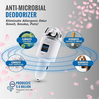 Car Air Purifier 3in1 Premium Stainless Steel HEPA Filter Ionizer w/Dual USB Quick Charge 3.0 USB-Eliminate Allergens Odor Smell, Smoke, Pets, Pollen Mold Bacteria w/Anti-Microbial Deodorizer (White)