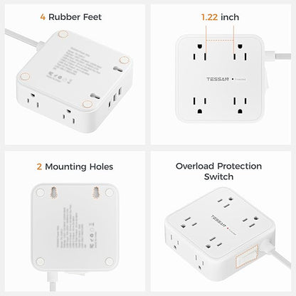 TESSAN 10 Ft Flat Plug Extension Cord with Multiple Outlets, Surge Protector Power Strip with 3 USB(1 USB C) 8 Outlets, 900J Protection, Desk Charging Station for Home, Dorm Room Essentials, White