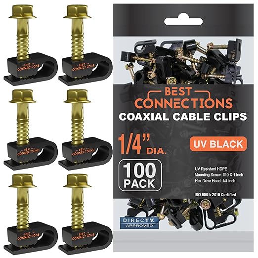 Best Connections Coaxial Cable Clips with Pre-Inserted Screw 1/4" inch (500 Pack) – Black Single Mounting Clamps for Coax (RG6, RG59) and Ethernet Cables – Cord Fasteners/Strain Relief Clip