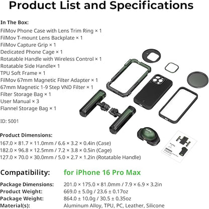 SmallRig x Brandon Li Mobile Video Kit for iPhone 16 Pro Max, Phone Cage with FilMov Lightweight Phone Case Kit, Rotatable Wireless QR Handles, 67MM Magnetic VND Filter Kit, Support for MagSafe - 5001