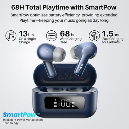 TOZO Hybrid Active Noise Cancelling in Ear Wireless Earbuds, 68H Playtime