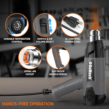 ROMECH 1500W Heavy Duty Heat Gun, Variable Temperature Control Hot Air Gun Kit with 2 Air Flow 120°F~1200°F and 4 Nozzles for Crafts Shrink Wrap (Gray)