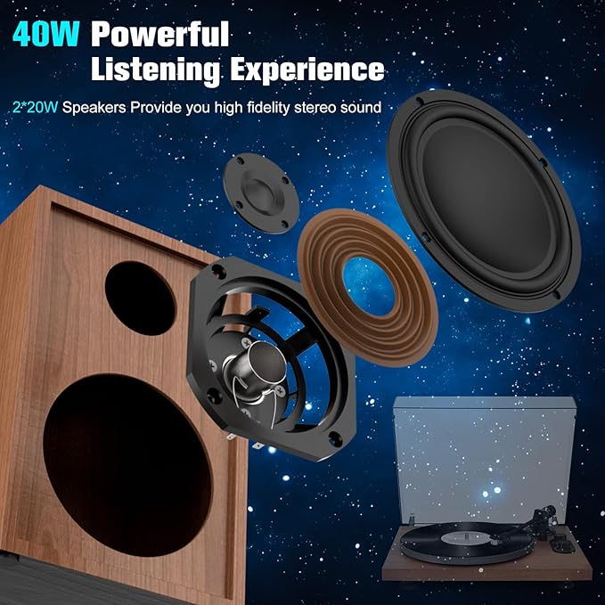 Record Player Turntable with 40W Speakers and Bluetooth Output Input for Vinyl Records,Vinyl Record Player with Built-in Preamp,AT-3600L Cartridge,USB Record,Pitch and Counterweight