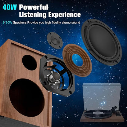 Record Player Turntable with 40W Speakers and Bluetooth Output Input for Vinyl Records,Vinyl Record Player with Built-in Preamp,AT-3600L Cartridge,USB Record,Pitch and Counterweight
